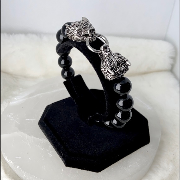 Men or women Rocker viking stainless steel tribal wolfs heads & genuine onyx - Picture 10 of 16